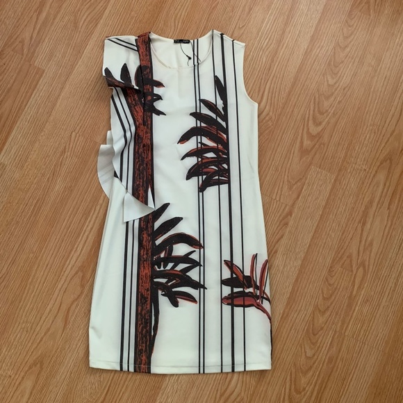 Zara Sleeveless Palm Print Asymmetrical Ruffle Black White Orange Dress Size S - Picture 1 of 7